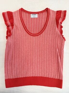 Old Navy Coral and White Knit Ruffle Cap Sleeve Tank, Size L